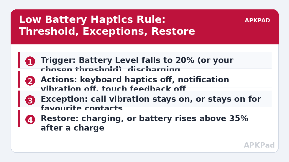 Low Battery Haptics Rule: Threshold, Exceptions, Restore