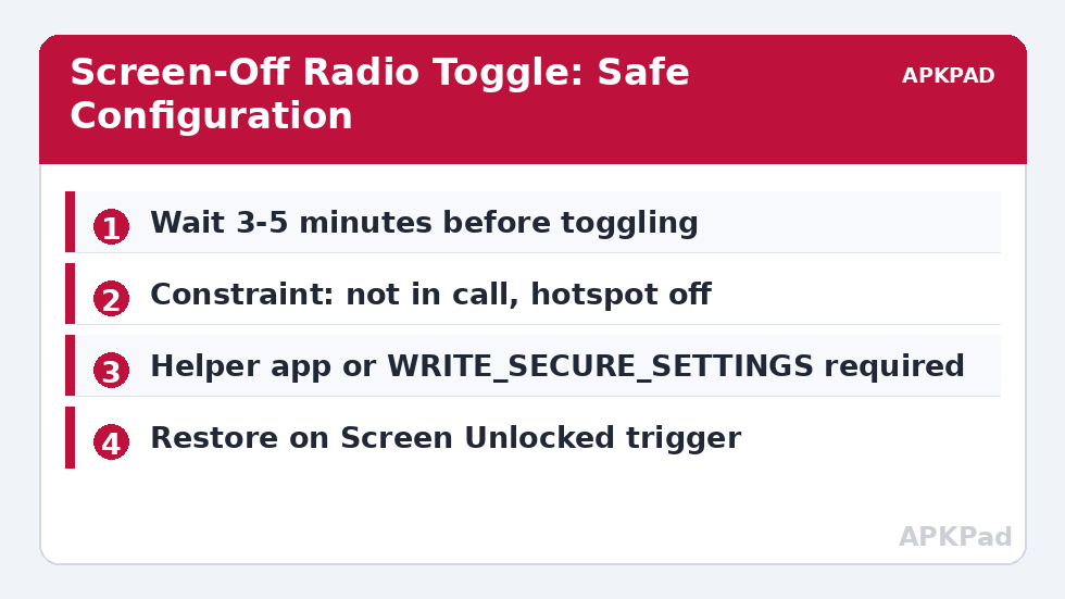 Screen-Off Radio Toggle: Safe Configuration