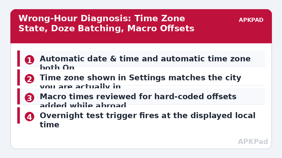 Wrong-Hour Diagnosis: Time Zone State, Doze Batching, Macro Offsets