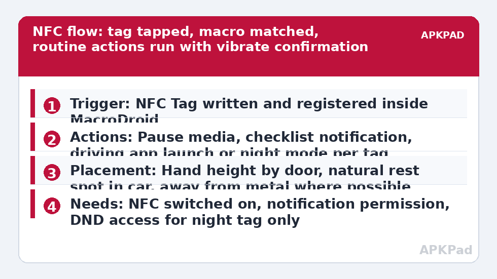 NFC flow: tag tapped, macro matched, routine actions run with vibrate confirmation